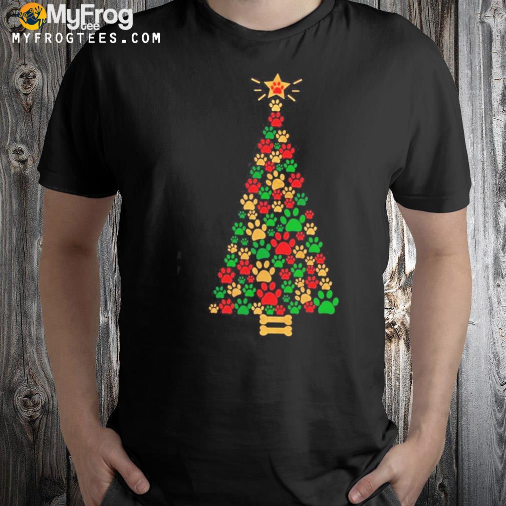 Dog Lovers Cute and Funny Dog Paws Prints Christmas Tree Dog Christmas T-Shirt