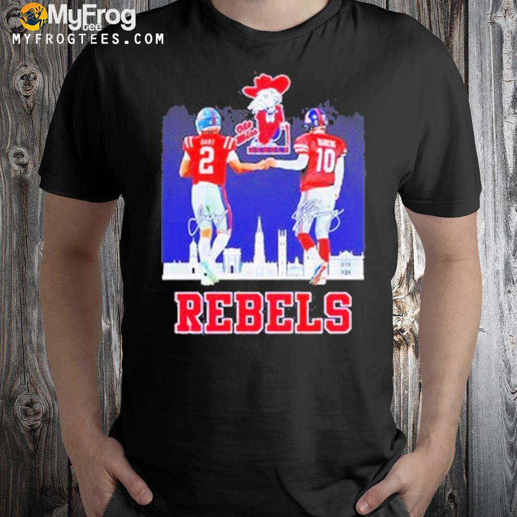 Jaxson Dart and Eli Manning Ole Miss Rebels signatures T-shirt