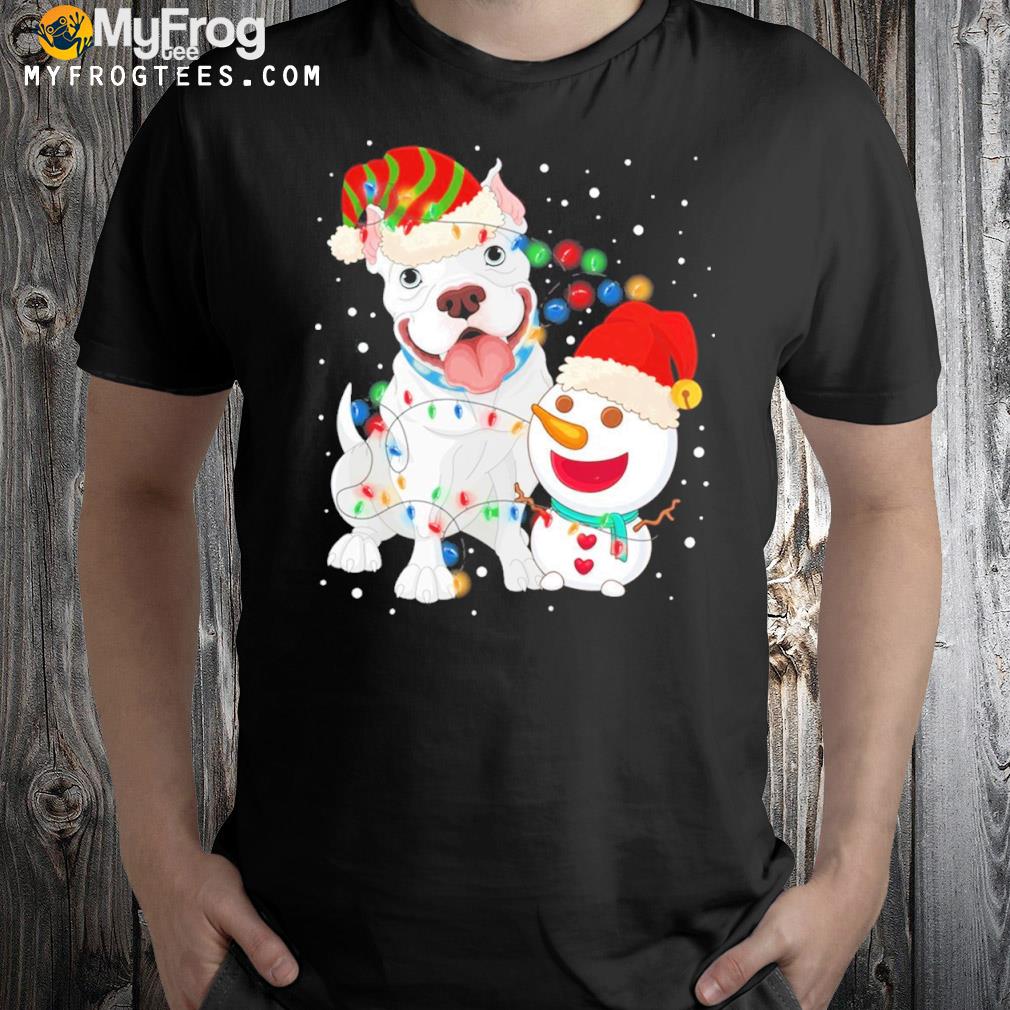 Pitbull Dog Snowman Wearing A Santa Hat Light Tree Dog Christmas T-Shirt