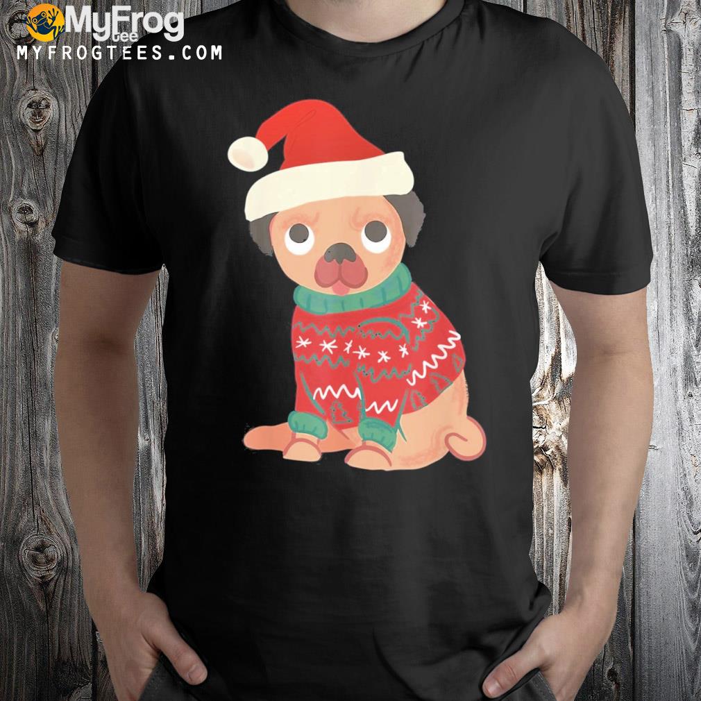 Pug dog wearing Christmas cute ugly sweater and Santa Hat Shirt