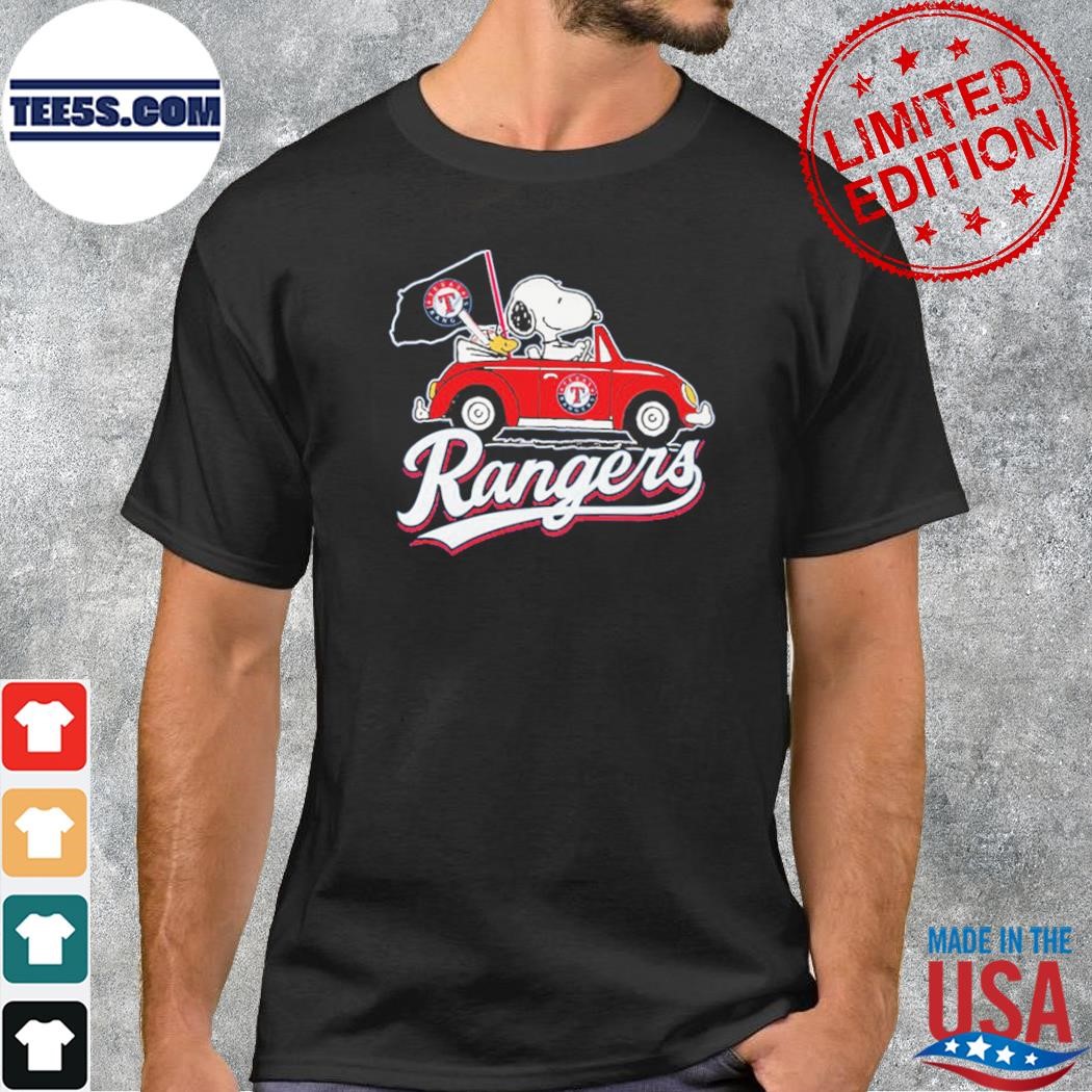 Snoopy drives car with Texas rangers flag shirt