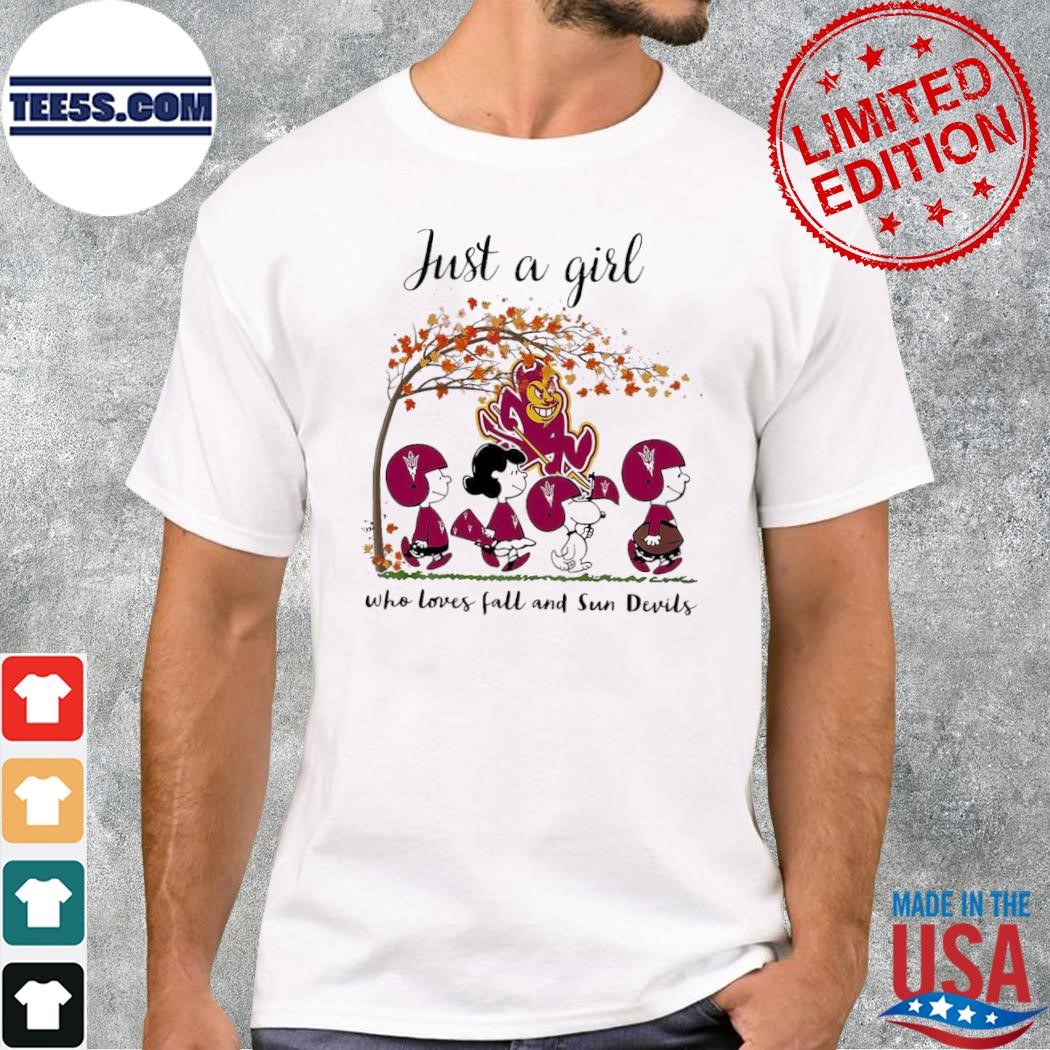 Just A Woman Who Loves Fall And Arizona State Sun Devils Peanuts Cartoon T-Shirt