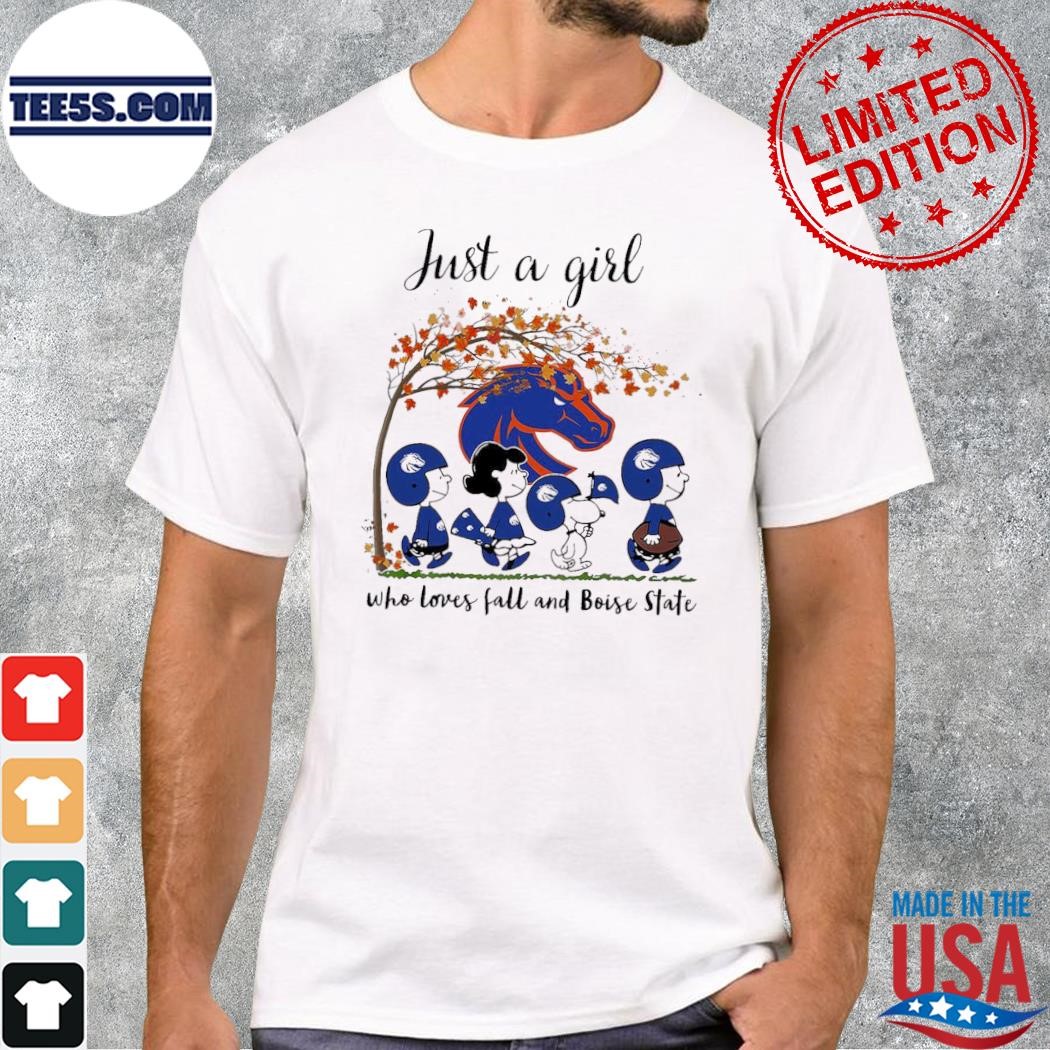 Just A Woman Who Loves Fall And Boise State Broncoss Peanuts Cartoon T-Shirt