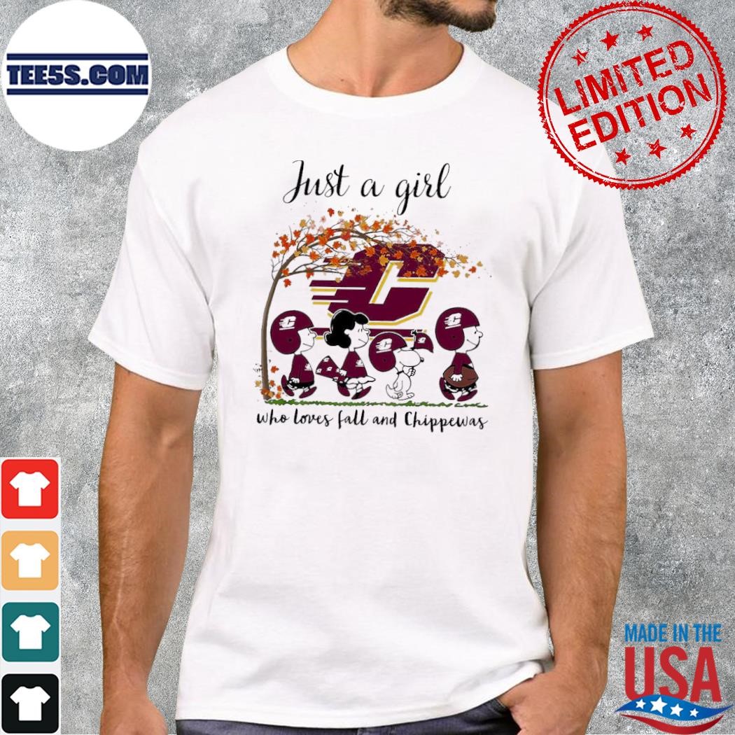 Just A Woman Who Loves Fall And Central Michigan Chippewas Peanuts Cartoon T-Shirt