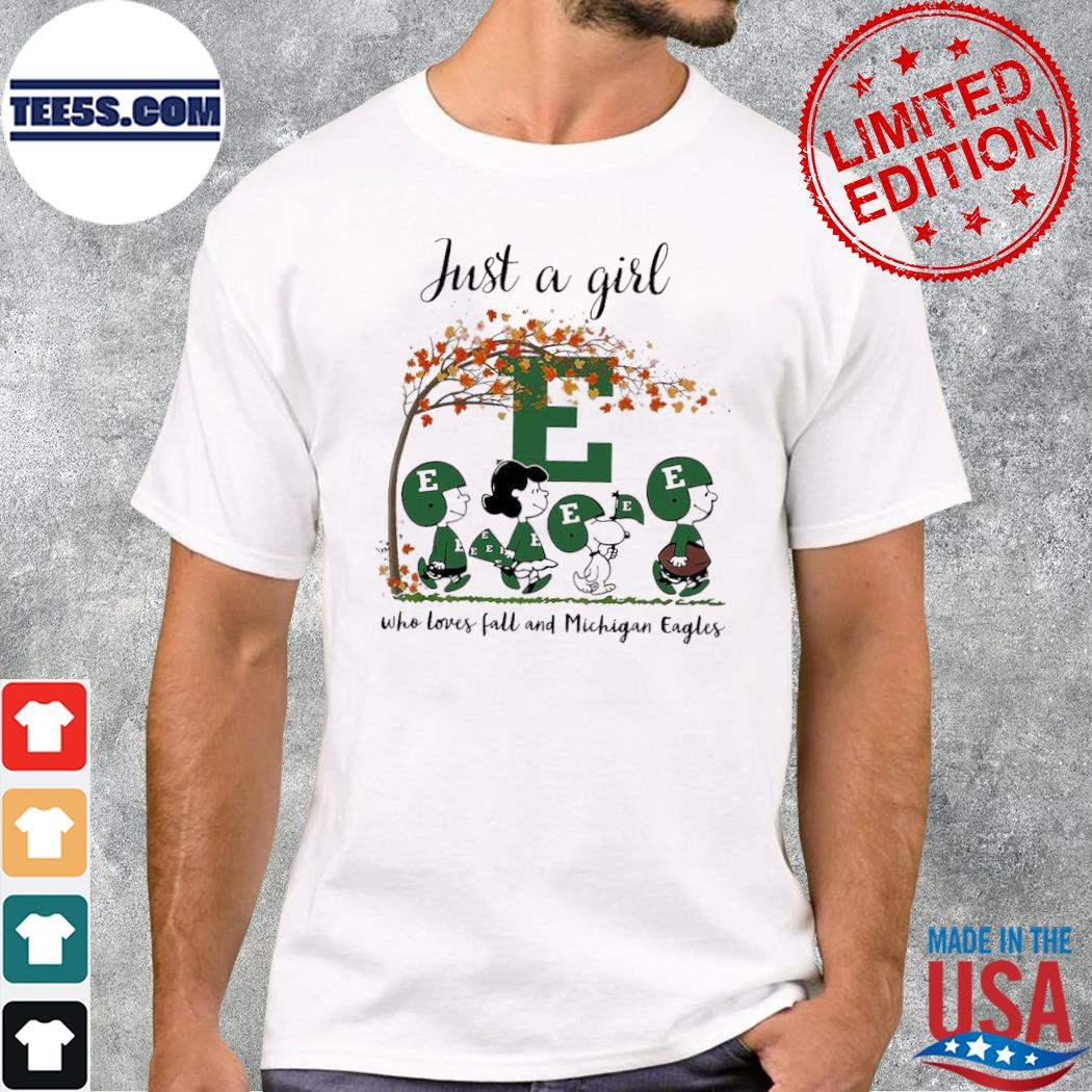 Just A Woman Who Loves Fall And Eastern Michigan Eagles Peanuts Cartoon T-Shirt