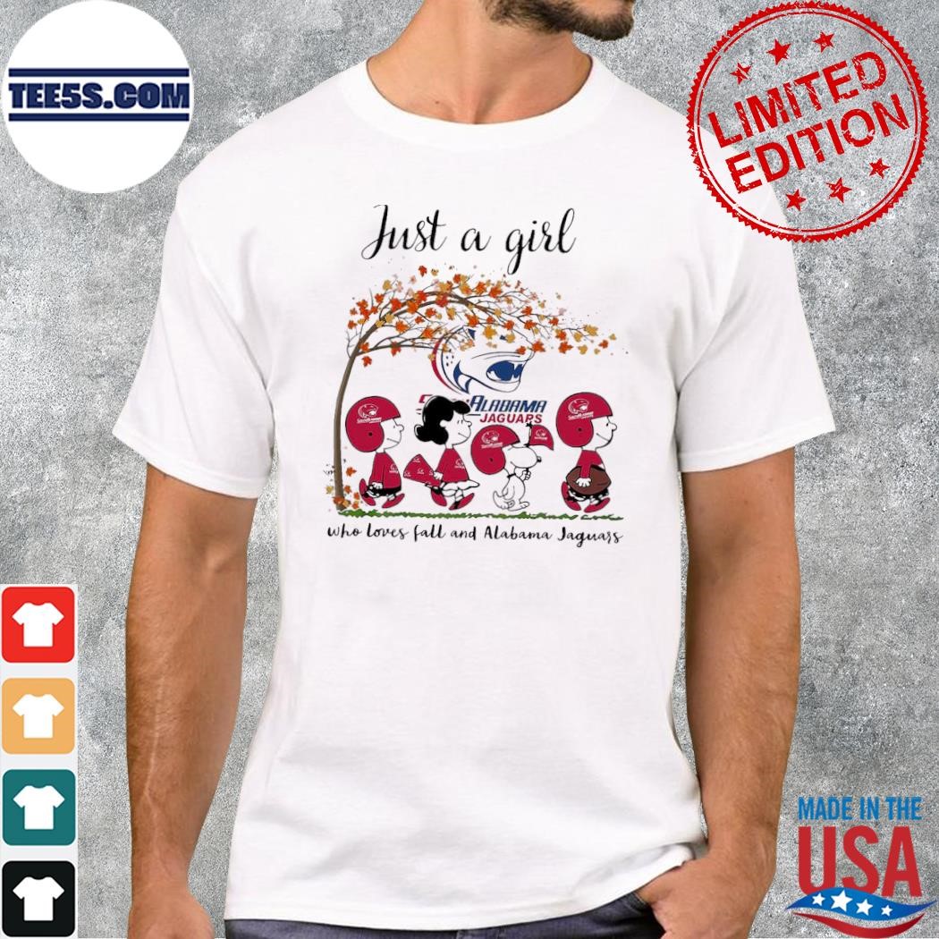 Just A Woman Who Loves Fall And South Alabama Jaguars Peanuts Cartoon T-Shirt