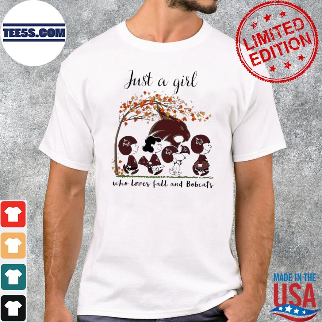 Just A Woman Who Loves Fall And Texas State Bobcats Peanuts Cartoon T-Shirt