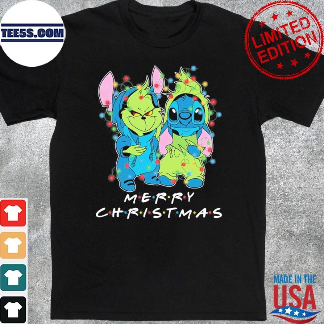 Baby Grinch and baby Stitch merry christmas light shirt