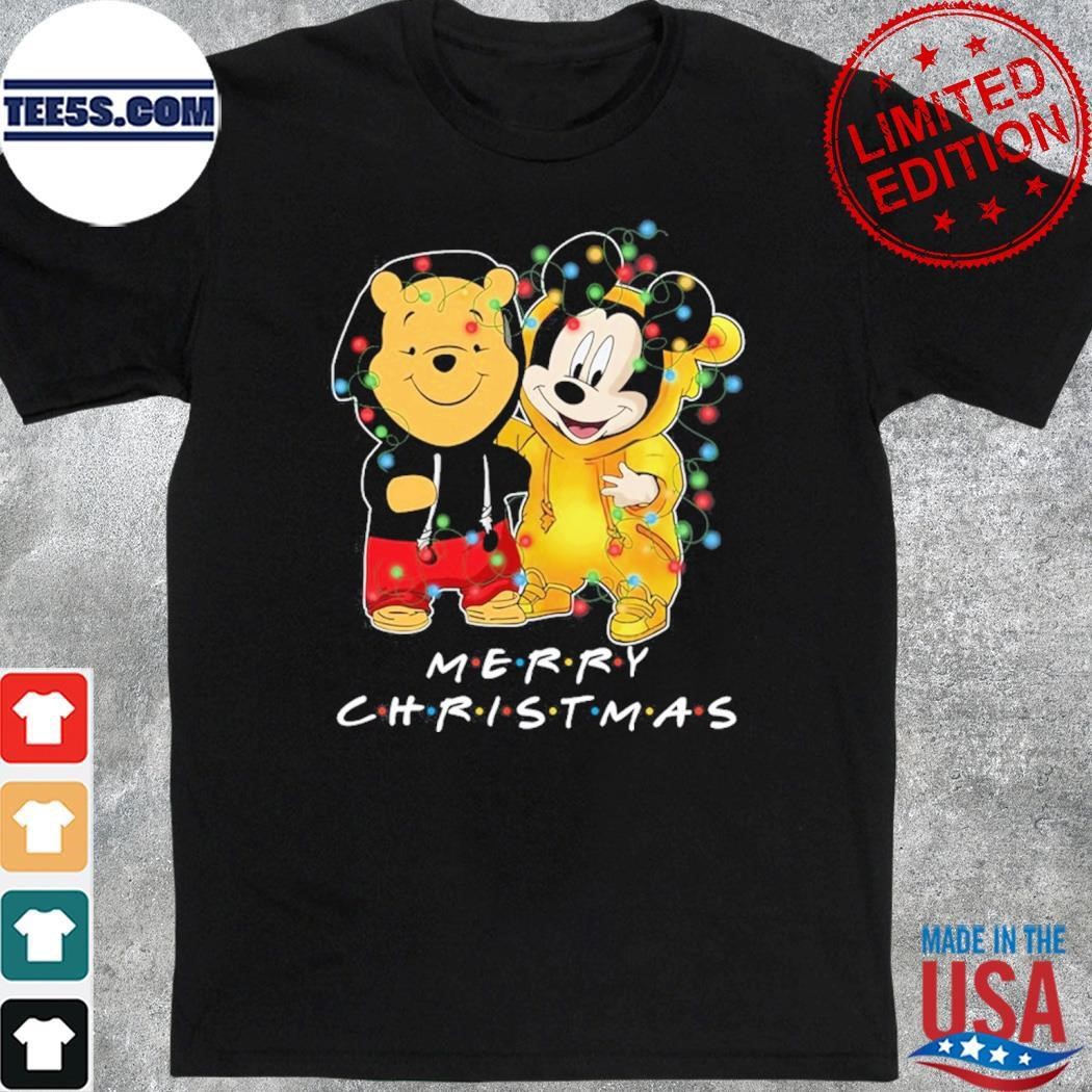 Baby Pooh and baby Mickey mouse merry christmas light shirt