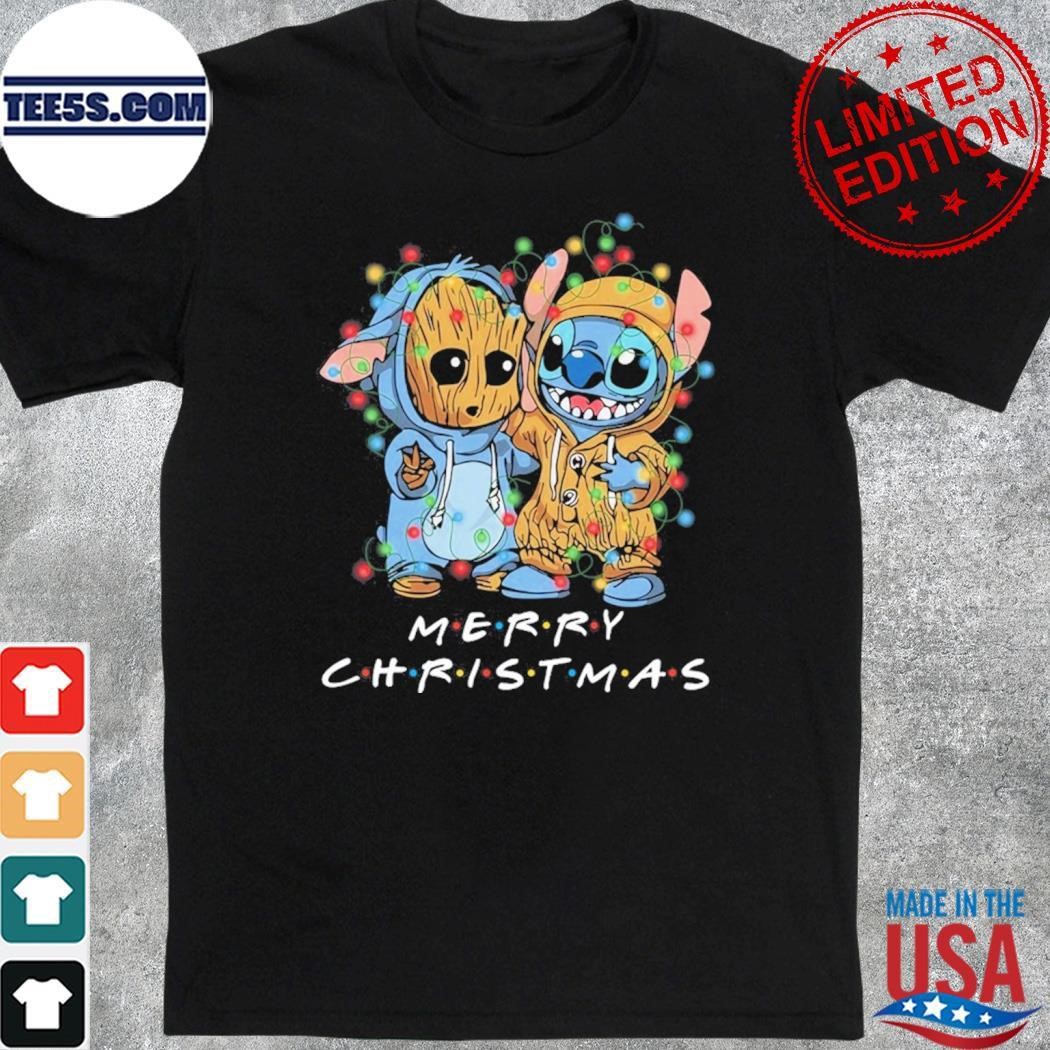 Baby Stitch and baby Groot merry christmas light shirt