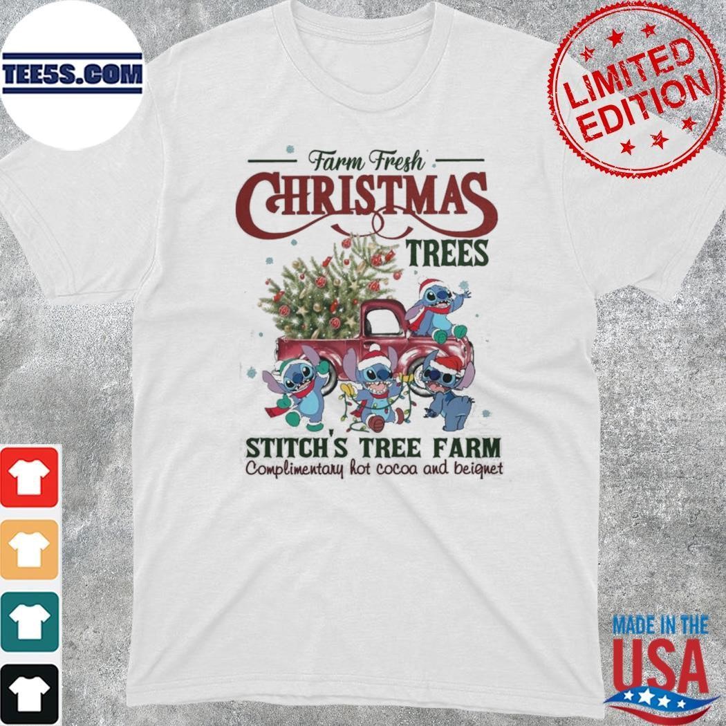 Baby Stitch hat santa car farm fresh christmas trees Stitch's tree farm complimentary hot cocoa and beignet christmas shirt
