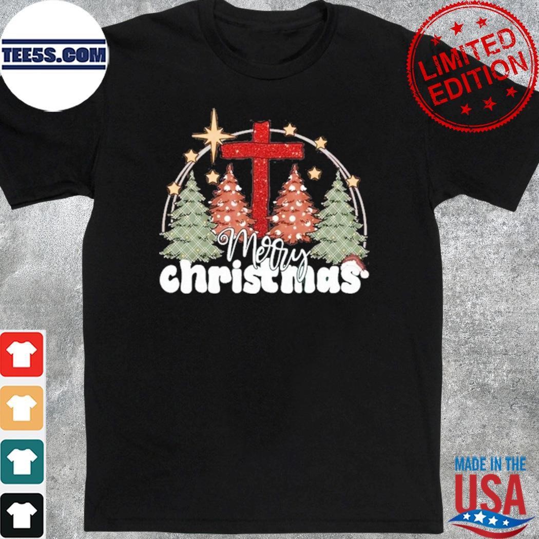 Cross pine tree merry christmas shirt