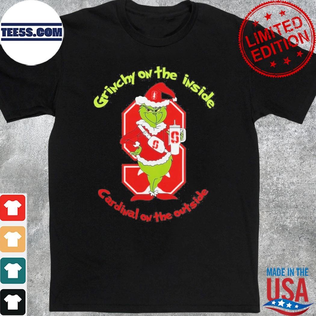 Grinch hat santa On The Inside Ohio Stanford Cardinal On The Outside Christmas Shirt