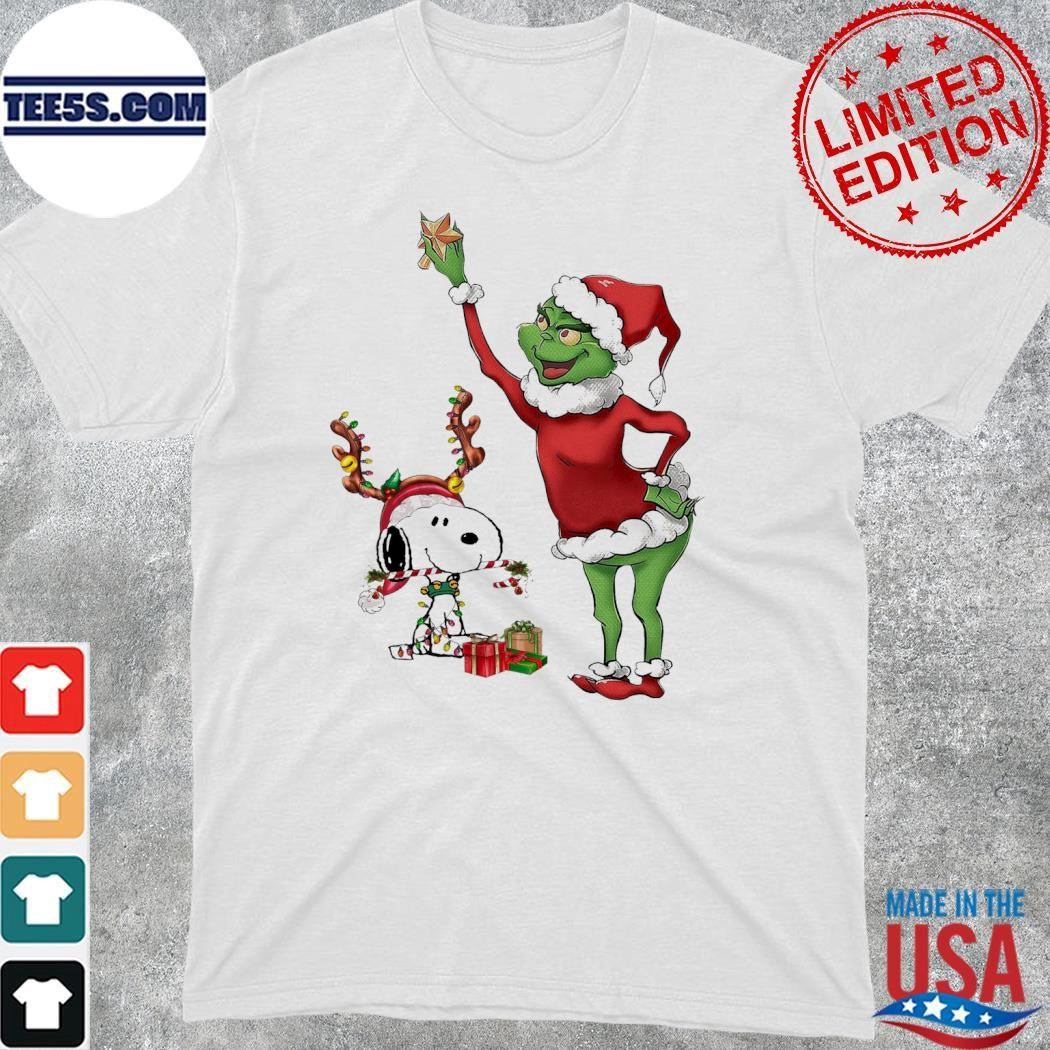 Grinch hat santa and Snoopy reindeer merry christmas shirt