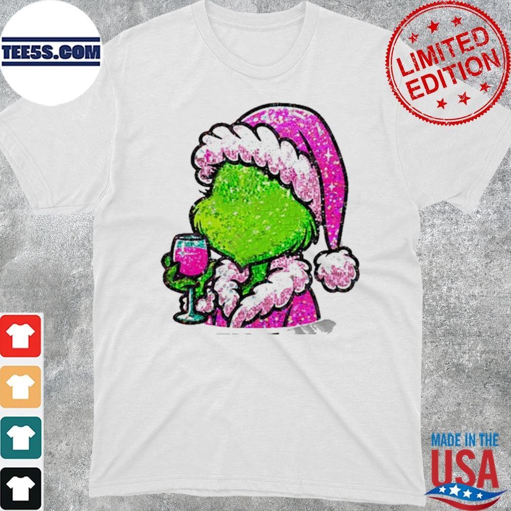 Grinch hat santa pink drink merry christmas shirt