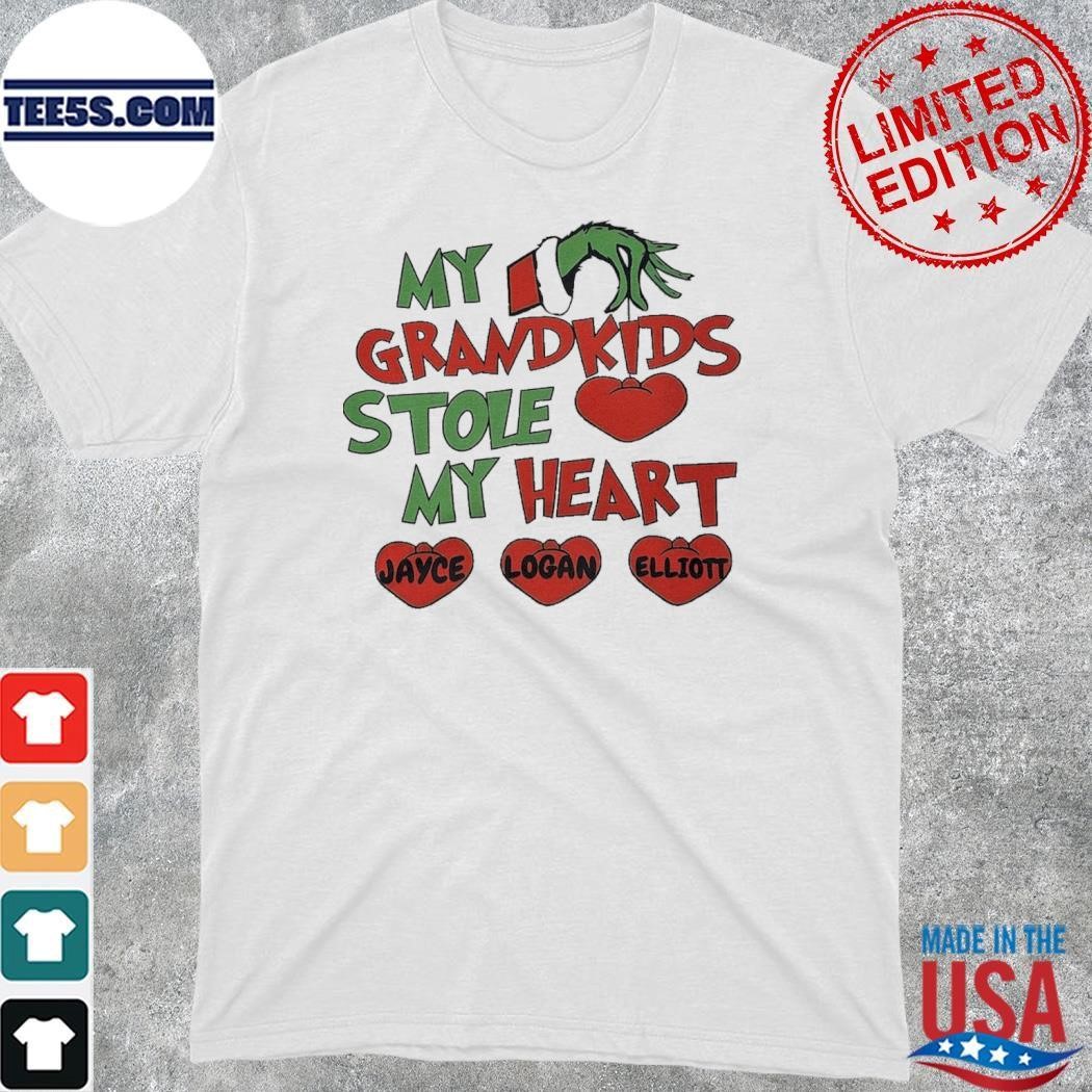 Grinch santa my grandkids stole my heart Jayce, Logan and Elliott christmas shirt