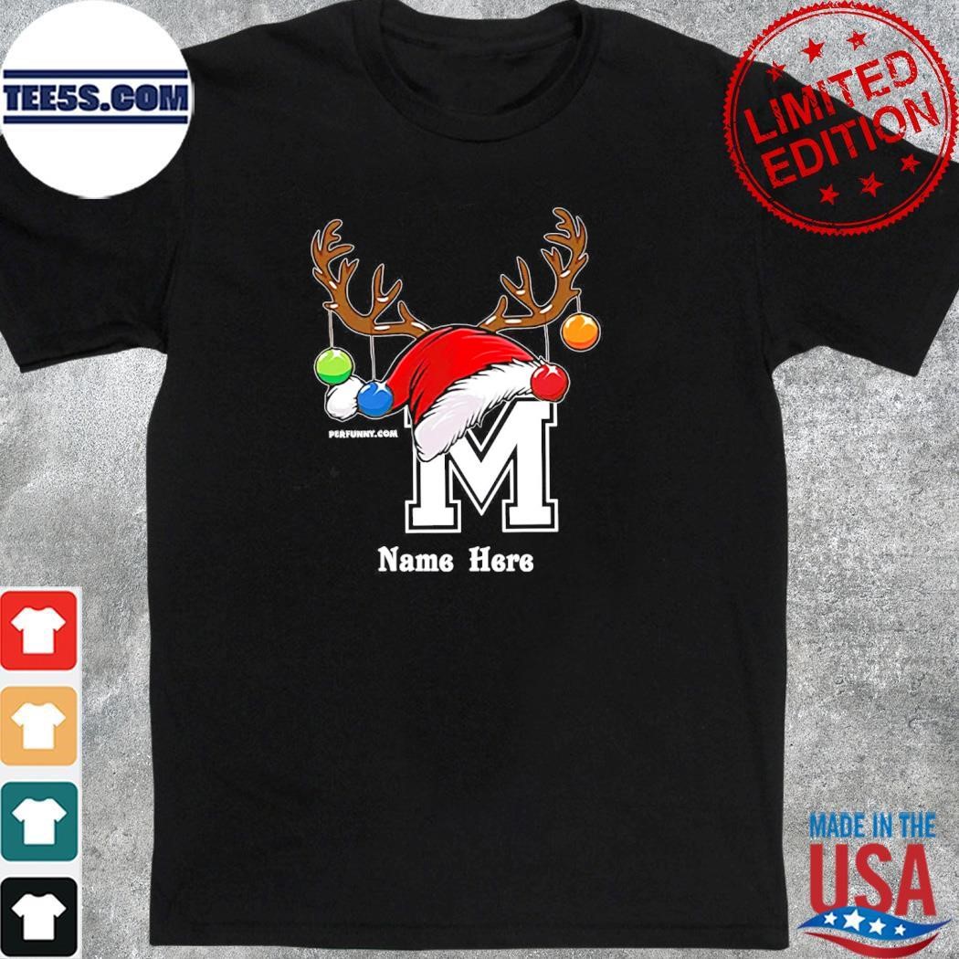 M hat santa reindeer name here merry christmas shirt