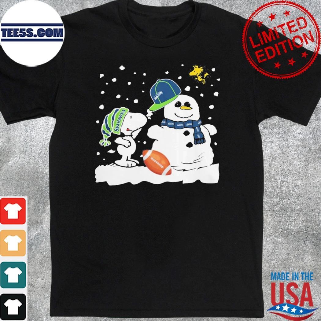 Peanuts Snoopy And Woodstock Snowman Seattle Seahawks Christmas Shirt
