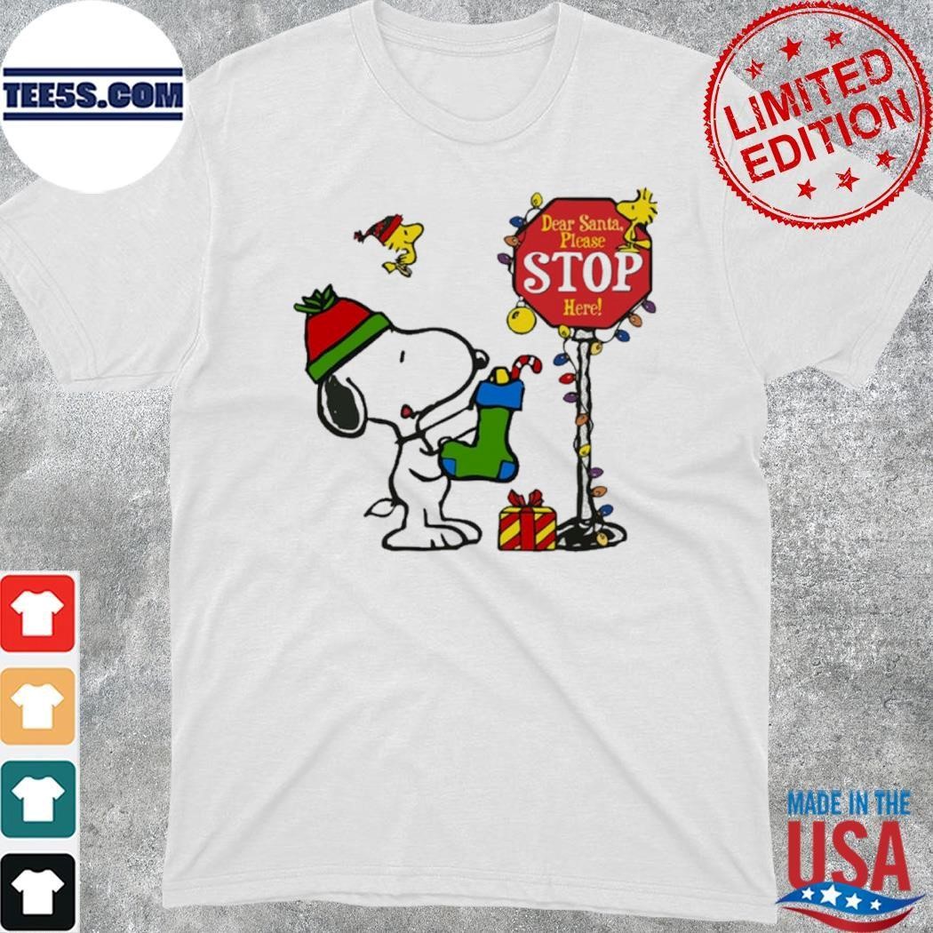 Snoopy and Woodstock hat santa dear santa please stop here christmas shirt